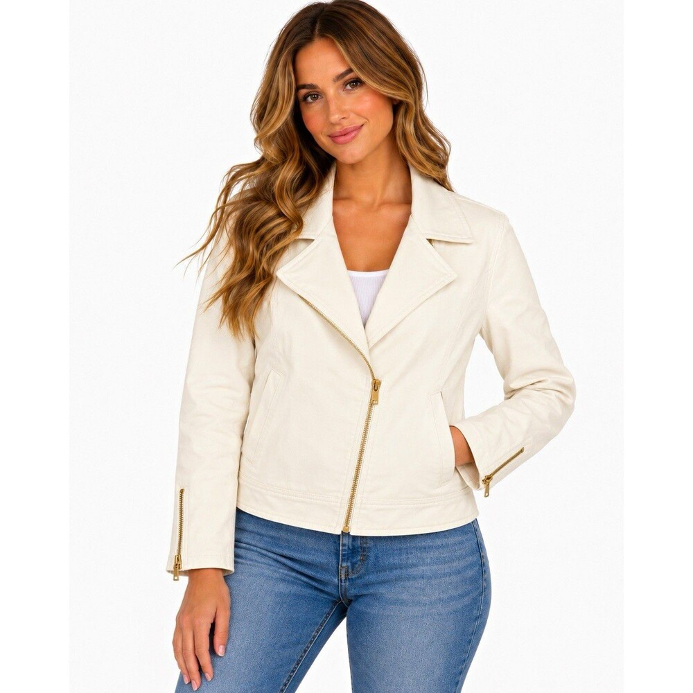 Womens New Medium White Moto Jacket Gold Zip Biker Cropped Y2K McBling Fitted